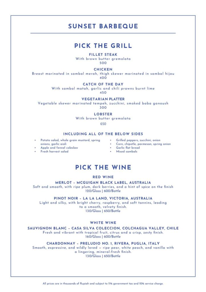 Sunset bbq menu